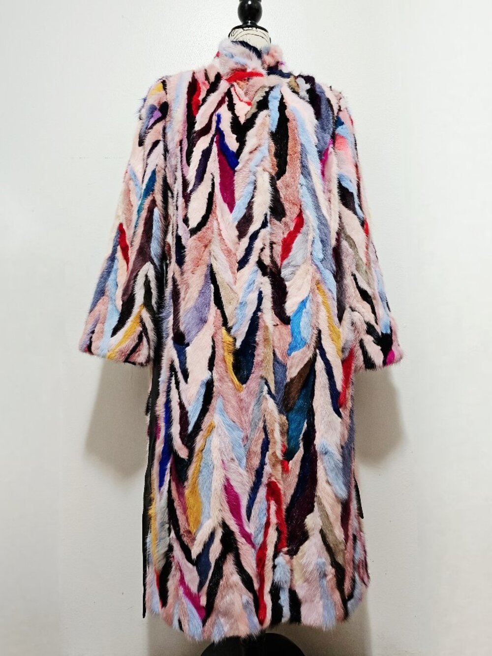 NewReal Mink Fur OverCoat Striped Mosaic Pieced Belted Red Pink Blue White NoFox
